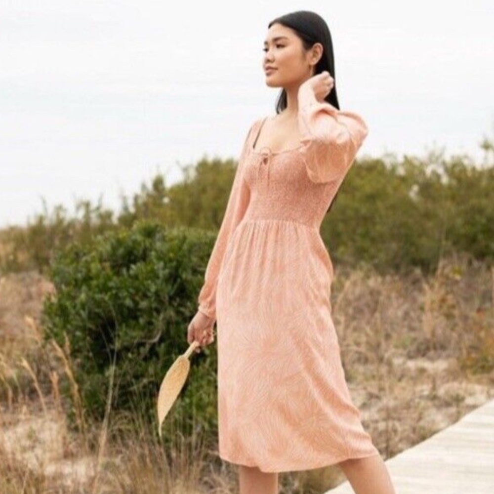 Able Joyce Midi Dress Women's Size XS Smocked Bodice Blush Pink Long Sleeve